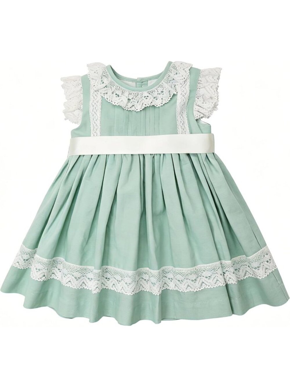 Mint Green Lace Dress with Satin Ribbon Belt - Elegant Baby Girl Christening